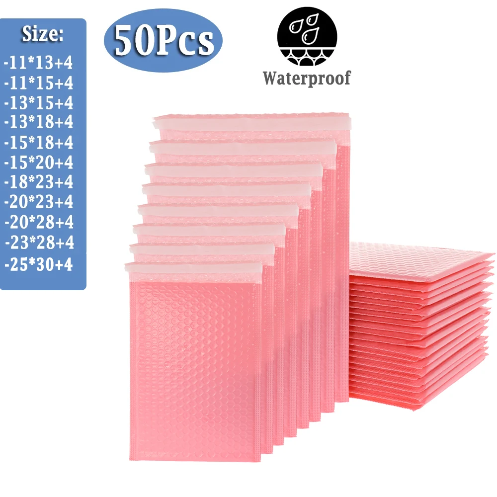 50 قطعة فقاعة البريدية فقاعة المغلفات حقيبة الوردي مقاوم للماء الذاتي الالتصاق ختم الشحن السريع المغلف حقيبة التعبئة والتغليف خفيفة الوزن