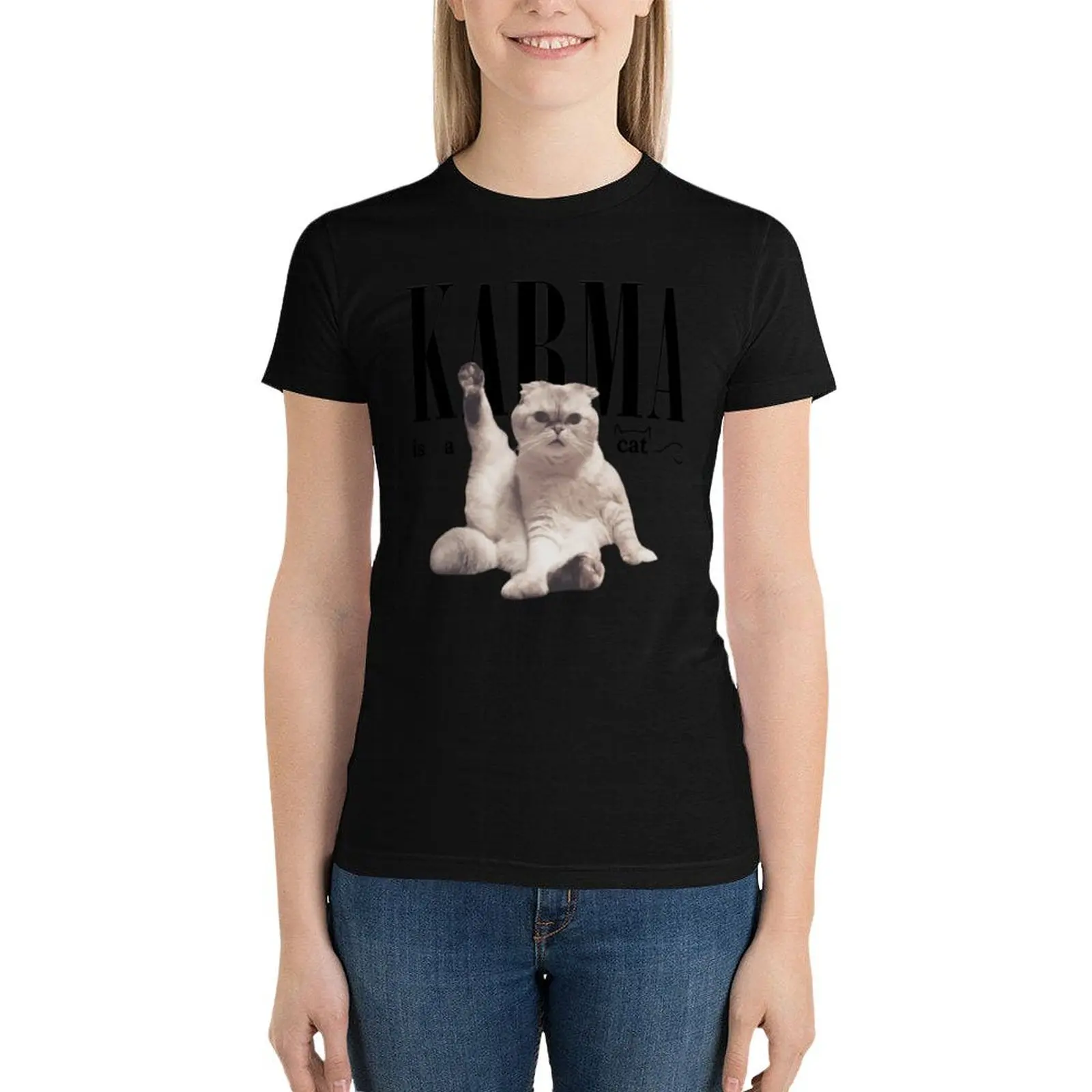 Karma is a cat Meredith T-Shirt korean fashion hippie clothes summer clothes shirts graphic tees plain t shirts for Women