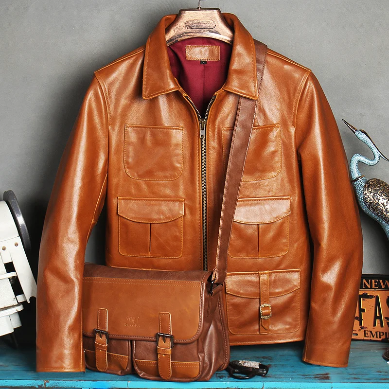 style new Free shipping.2023 oil cow leather coat.mens quality vintage leather jacket.light brown safari leather clothes.