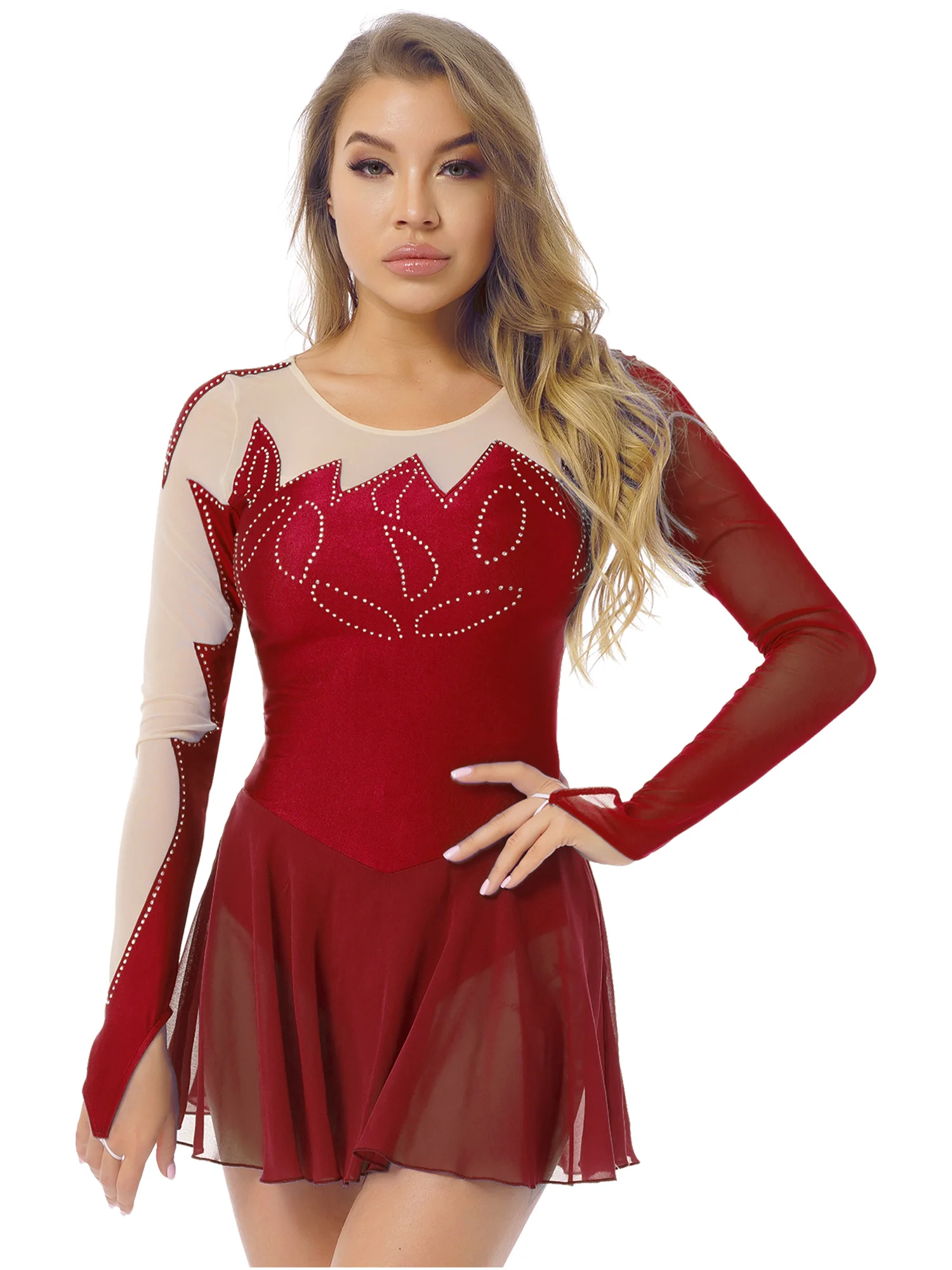 Womens Figure Ice Roller Skating Dress Mesh Long Sleeves Ballet Dress Rhinestone Gymnastics Leotard Performance Dancing Costumes
