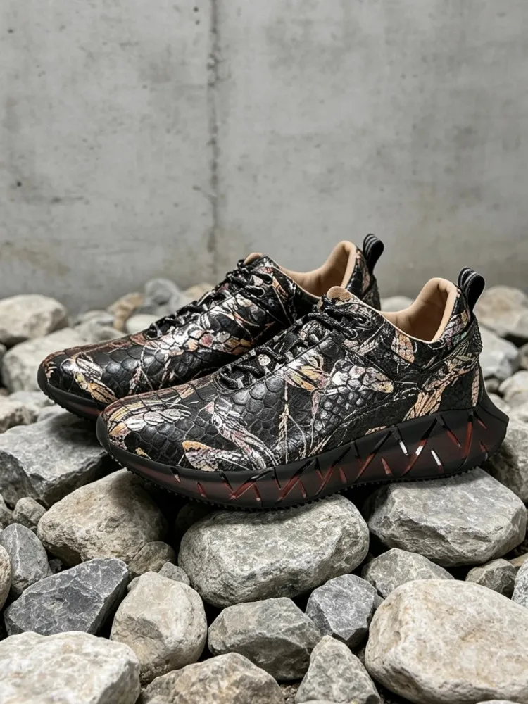 New Mens Colorful Real Snakeskin Sneakers Comfortable Thick Platform Outside Casual Joggers Shoes Lace Up Genuine Leather Shoes