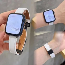 Folding Buckle Leather Magnetic Strap For Apple Watch S10 42/46mm 9 8 7 6 SE 5 4 Slim Watchband 38 40 44mm 45mm 41mm For iwatch