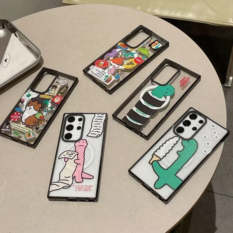 Cute Cartoon Dinosaur MagSafe Acrylic Black Border Protective Case for Samsung Galaxy S22 U S23U S24 Ultra Shell