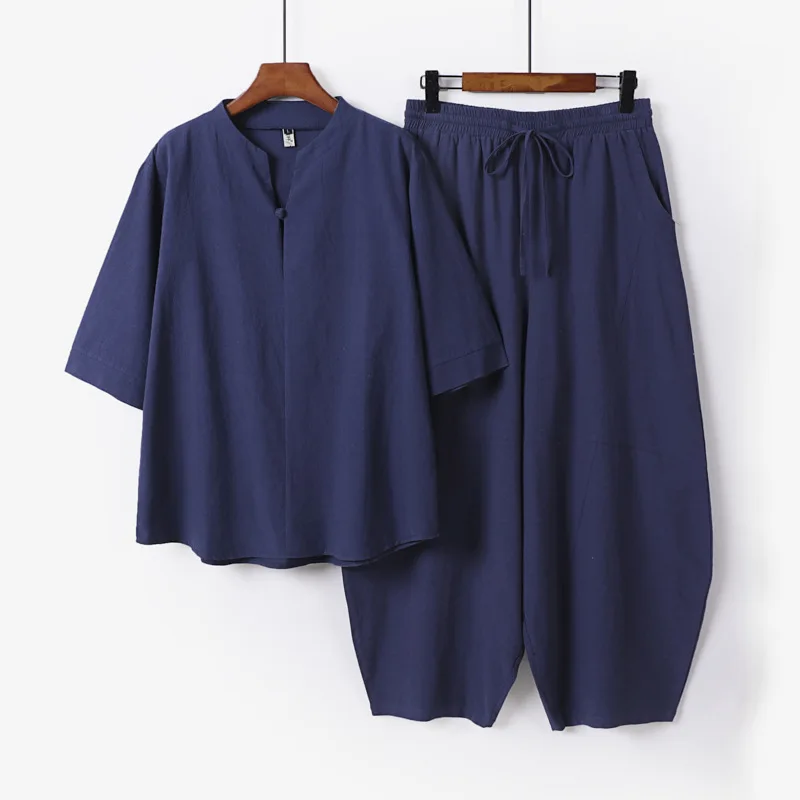 

Men's Solid Color Casual Loose Suit Chinese Style Hanfu Three Quarter Sleeves and Pants Two-piece Set Four Seasons Sports Set