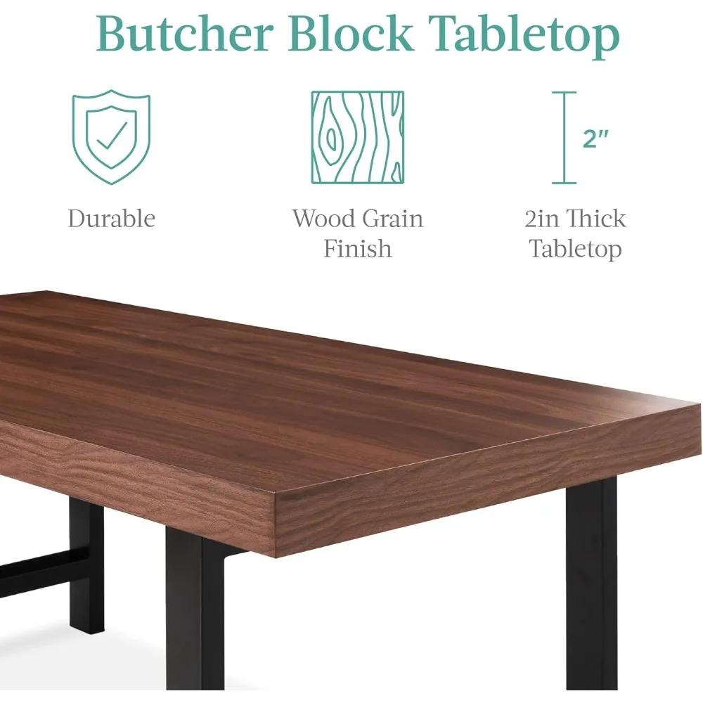 44in Modern Coffee Table Butcher Block Top Large Accent Table, Rectangular Wood Industrial Rustic Coffee