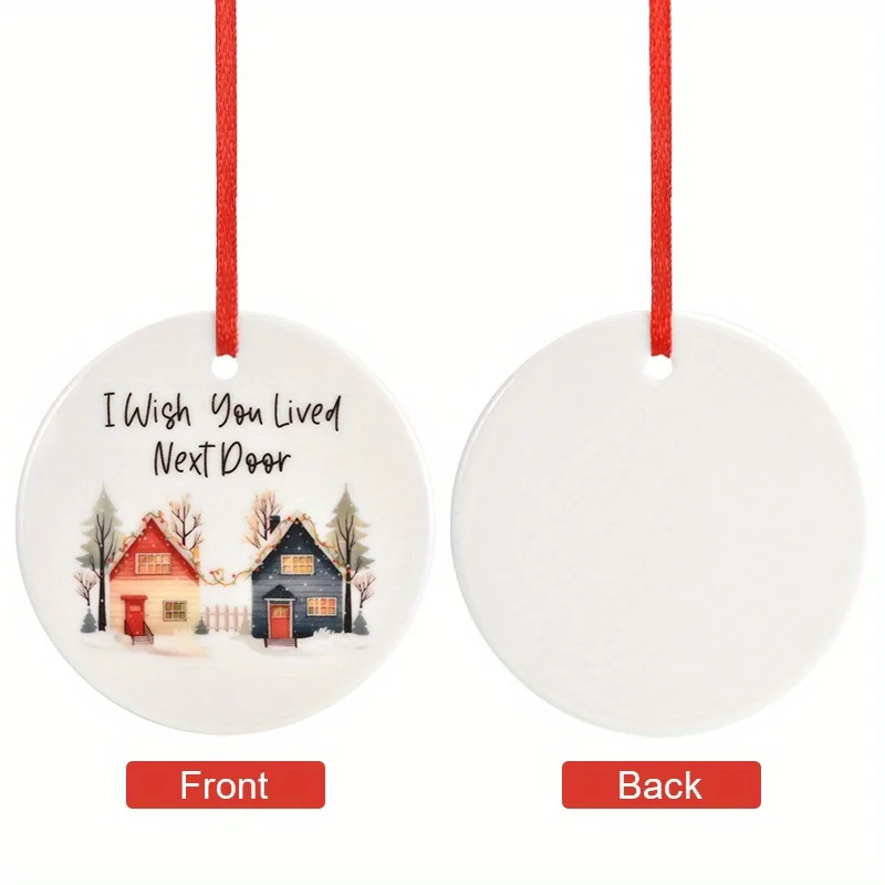 قطعة واحدة، قلادة سيراميك مستديرة، قلادة بنمط المنزل، قلادة تزيين شجرة عيد الميلاد DIY، 3 بوصات، مناسبة لمشاهد الحفلات