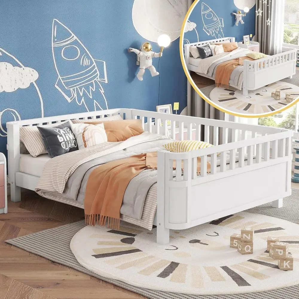 سرير أطفال مونتيسوري بالحجم الكامل مع قضبان، شرائح خشبية، سرير نهاري حديث منخفض للأولاد والبنات، أبيض #1