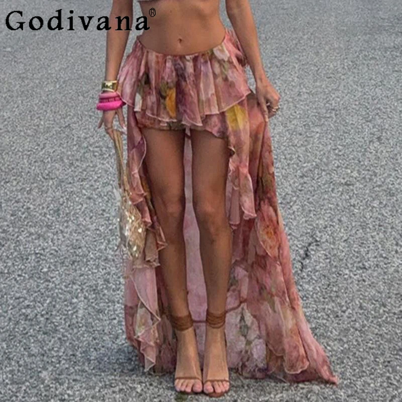 

Beach Vacation Fairy Irregular Front Short After Long Romantic Flower Print Skirt Y2k Cool Girl Sweet Pink A-line Long Skirts
