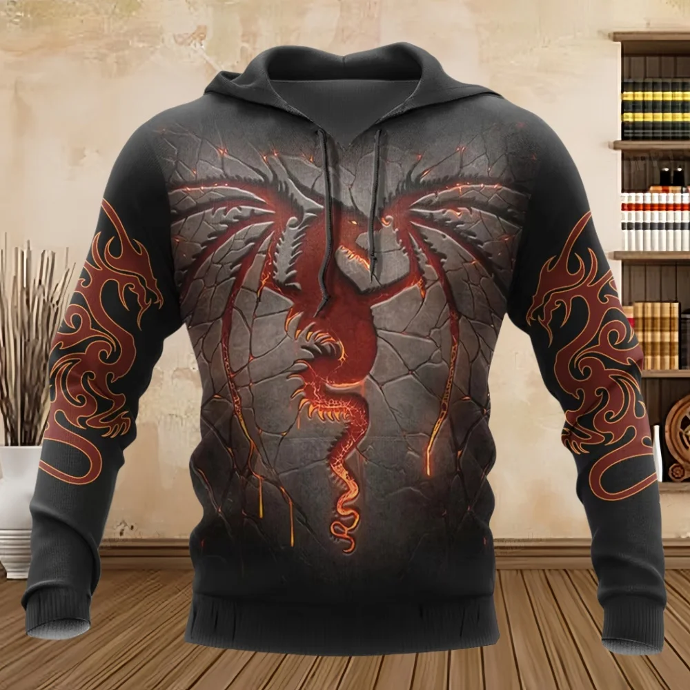 Dragon Pattern Prin Men Fall Pullover Hoodie Comfortable Kangaroo Pocket Street Vintages Hooded New in Sweatshirts Y2k Hoodie