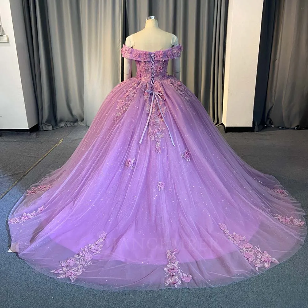 Elegant Quinceanera Dresses Purple Ball Gown Customized Off Shoulder 3D Flower Appliques Court Train vestido de 15 quinceanera