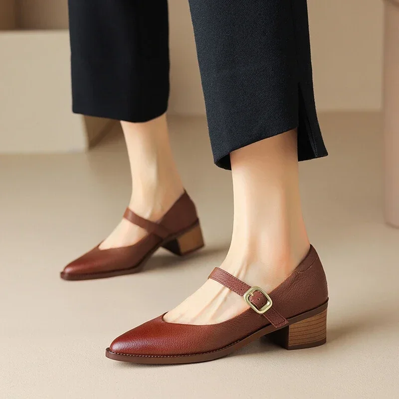 

NEW Spring/Autumn Women Pumps Genuine Leather Shoes For Women Pointed Toe Chunky Heel Shoes Cocise High Heels Mary Janes Shoes