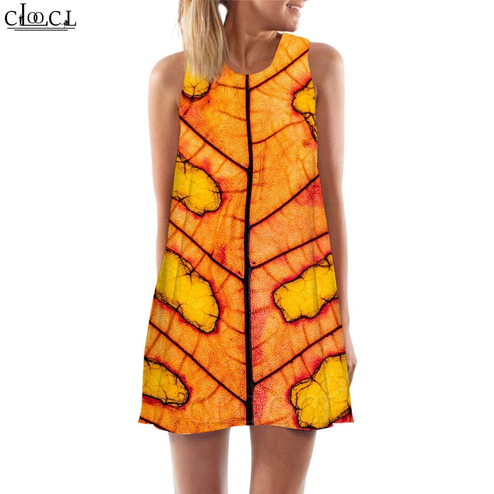 CLOOCL Sundress Summer Beach Shirt Dress Crew Neck Sleeveless Unique Leaf Venation Texture Print Tank Dress Vestidos De Mujer