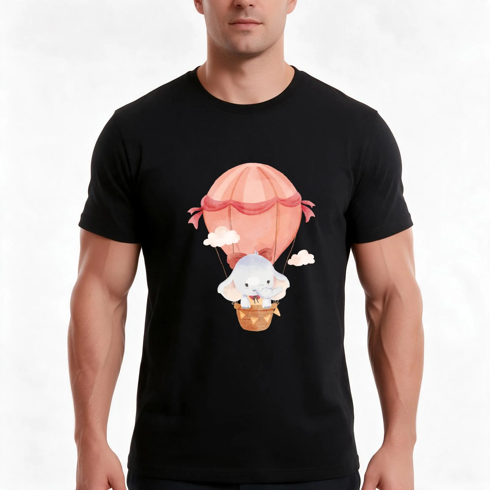 Cute Elephant Hot Air Balloon Watercolor T-Shirt, Summer Casual Cotton Tee, Oversized Streetwear Tops, Vintage Graphic Print
