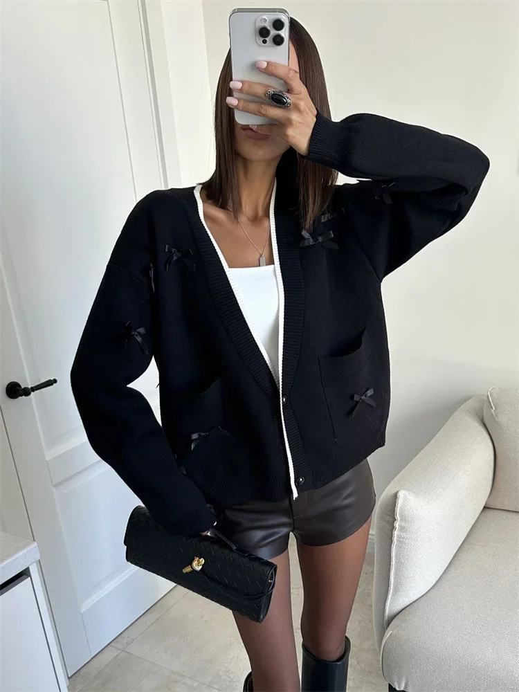 

Tee Bow Knit Women's Cardigan Patchwork Fashion Autumn 2025 New Outwear Clothes Sweater Women's Knitwear Cardigan Coat