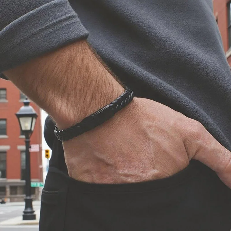 Pulseira de couro pu de aço inoxidável premium masculina fivela magnética artesanal tecido punk homme braslet presente legal para namorado jooias
