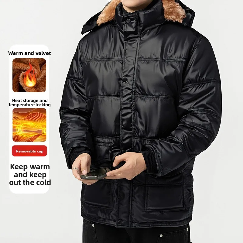 2025 شتاء جديد سترة قطن الرجال سميكة الدافئة وغير رسمية مكافحة البرد تقليد صوف الضأن مقنعين سترة العمل الرجال