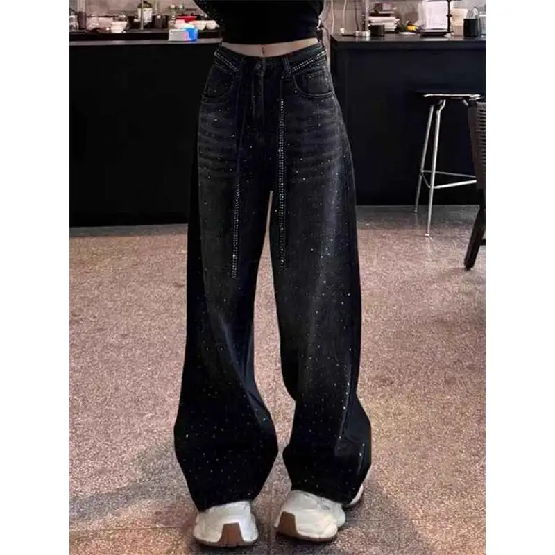 Plus Size Bla Strass Wijde Pijpen Jeans Dames Lente Zomer 2025, Nieuwe Sle Afslankende Denim Vloerlengte Broek