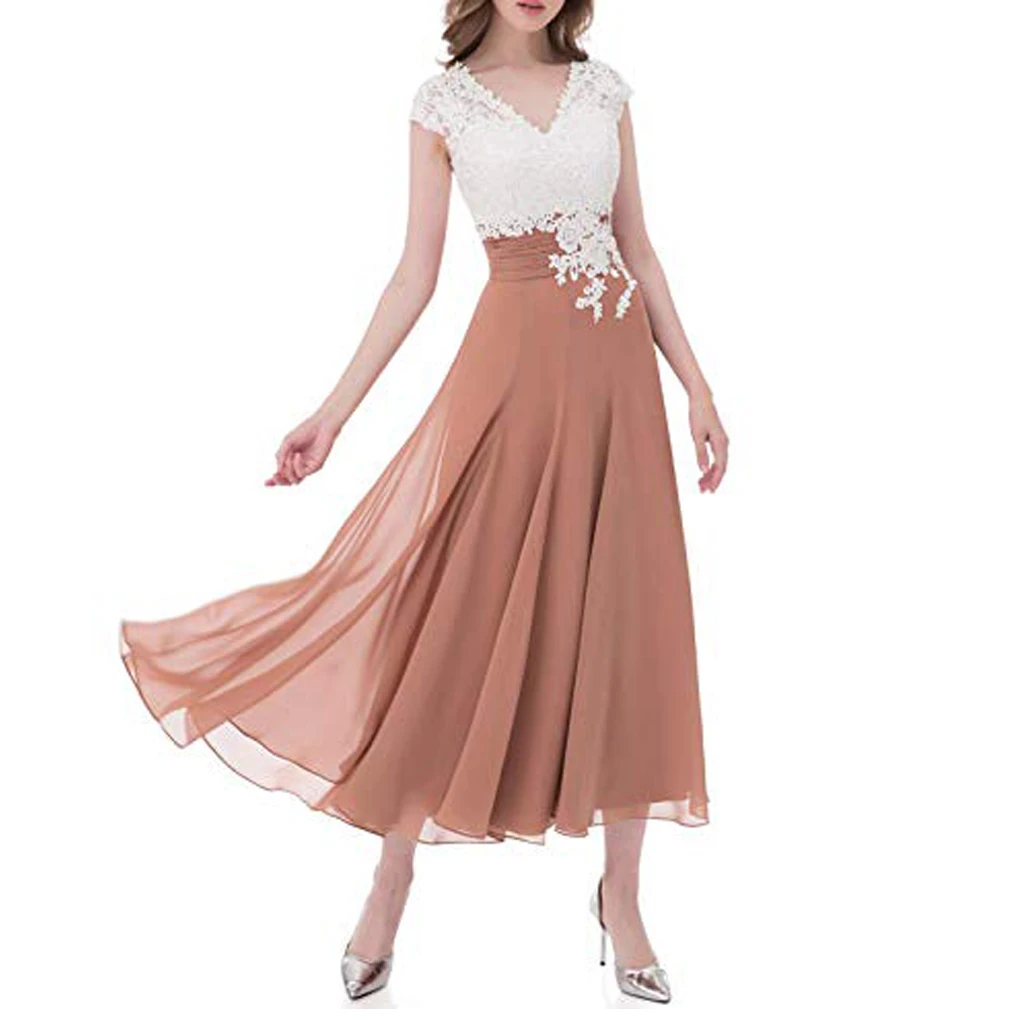 Customized Mocha Chiffon and White Lace V-Neck Midi A-Line Skirt Mother of the Bride Dress Special Occasions Wedding Party Gowns