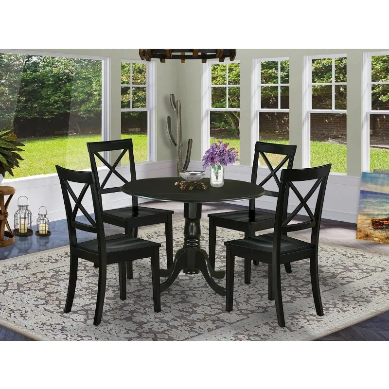 5 Piece Dinette Set for 4 Includes a Round Dining Room Table with Dropleaf and 4 Kitchen Dining Chairs, 42x42 Inch, Black