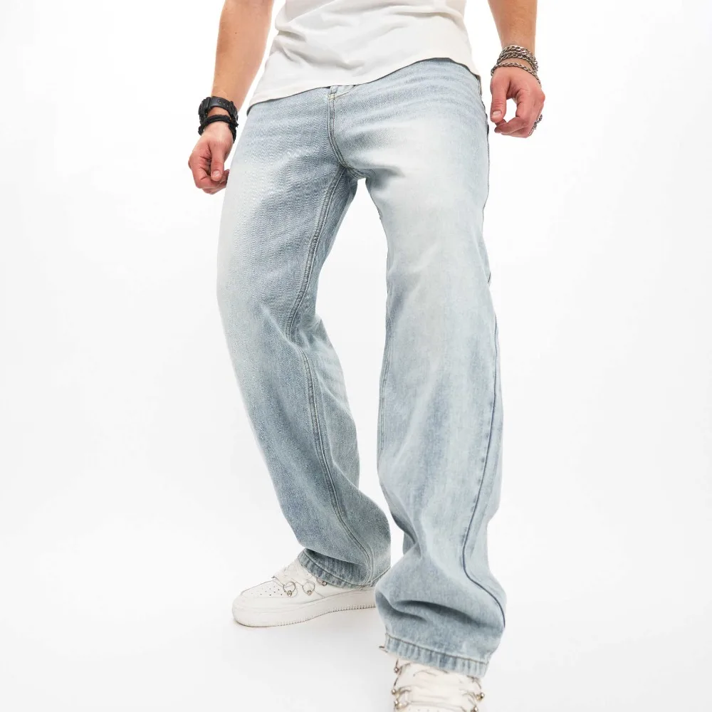 Denim Pants Men Jeans Long Pant Zipper Splice Simple Pockets Casual Print Regular Autumn Winter High Waist Straight Trousers