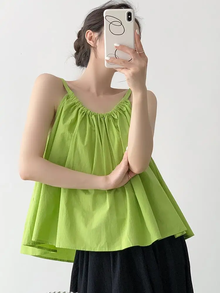 

Green Outer Wear Small Camisole Woman Summer Fashion Dopamine Resort Pleated Drawstring Loose Sleeveless Top Woman