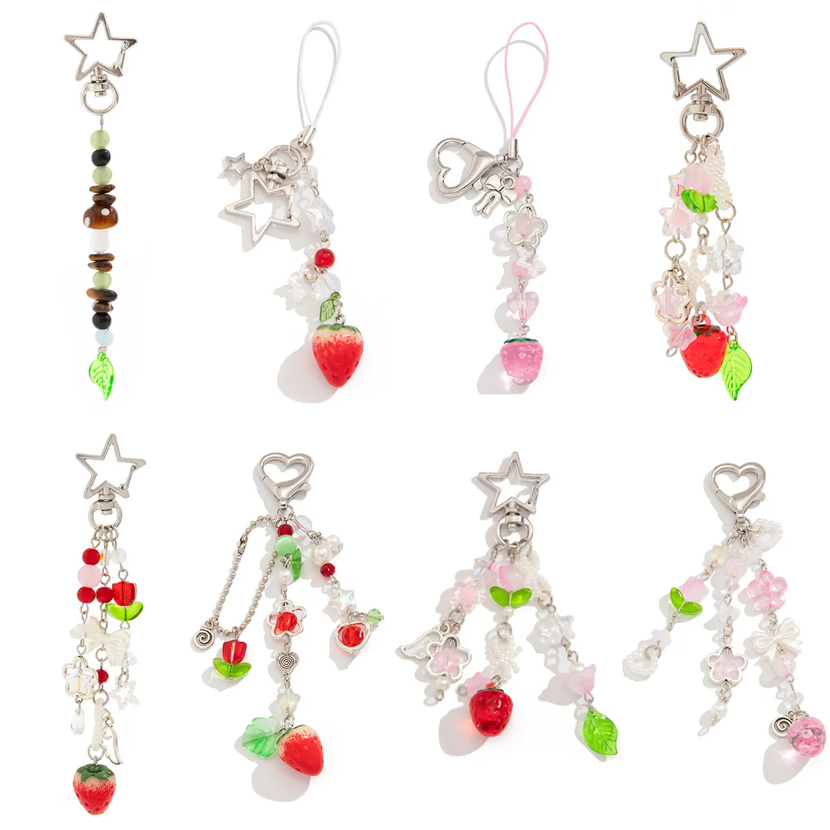 Fresh Sweet Cool Heart Strawberry Tassel Keyring Tulip Star Cell Phone Lanyard Versatile Mini Resin Pendant for Women