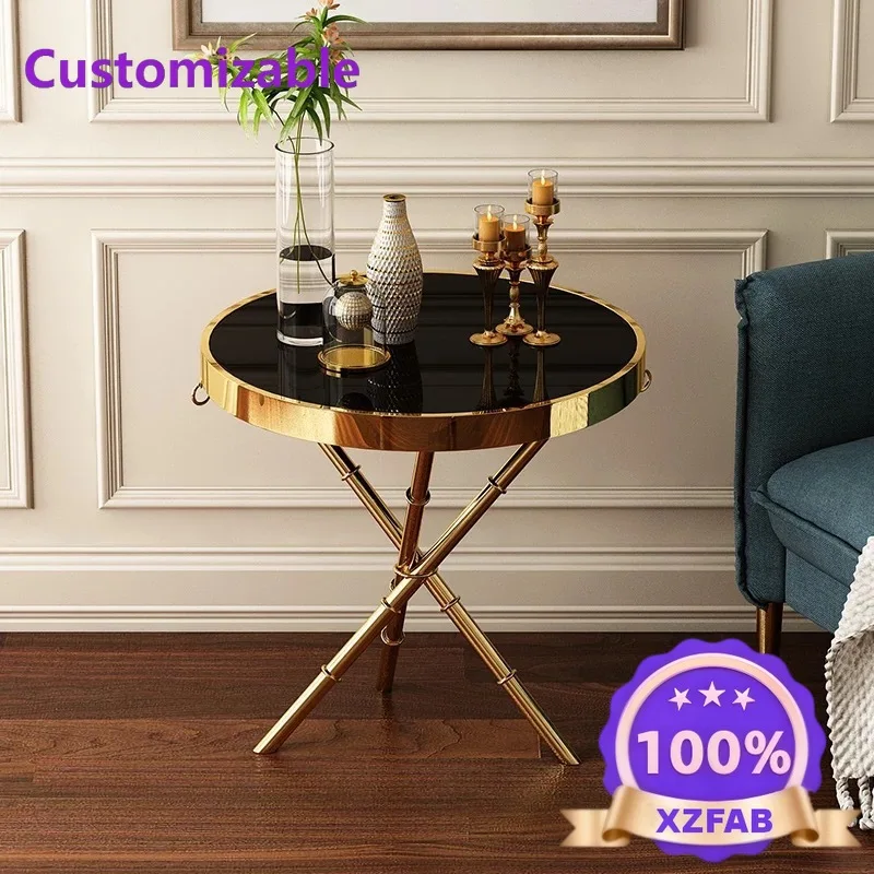 Factory Direct 2026 Titanium marble side table sofa side table living room household small coffee table rock slab three inclined