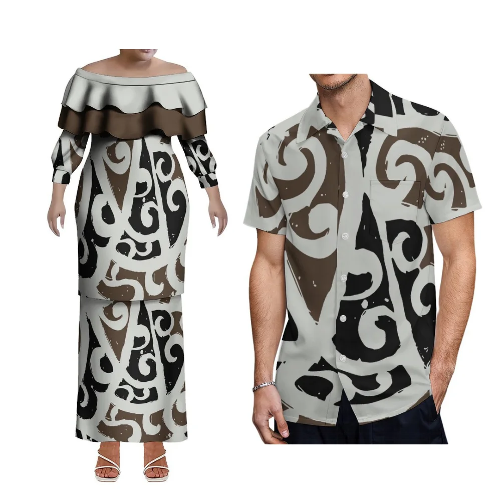 Damskie polinezyjskie bluzki z długim rękawem na jedno ramię i długie komplety Puletasi, hawajskie koszule męskie plus size dla par na imprezę.