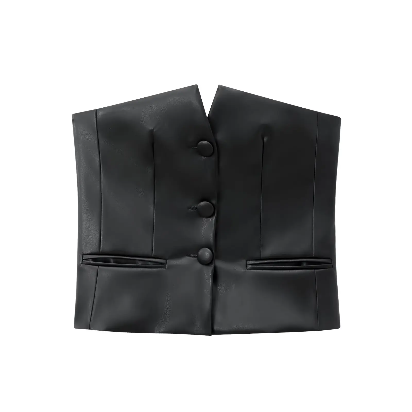 Womens Vintage Black PU Leather Corset Strapless V Cutout Covered Button Crop Vest Top Retro Streetwear Clubwear Bralette