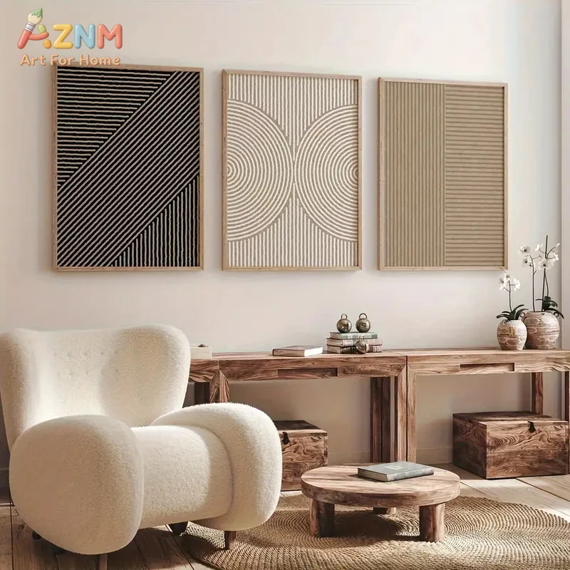 Juego de 3 Cuadros Decorativos de Lienzo con Líneas Geométricas en Negro, Beige y Blanco, Arte Abstracto Moderno con Rayas y Círculos, Pósters Minimalistas