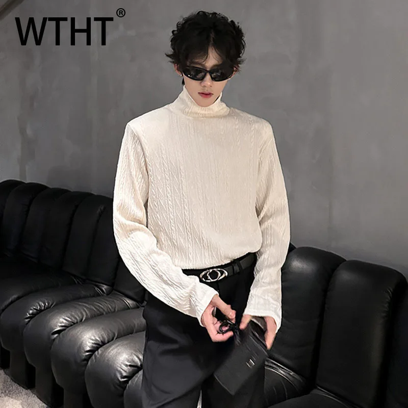 

WTHT Fashion 2025 Autumn Men's Solid Color Texture Knit Casual T-shirts Trendy Stand Collar Long Sleeves Pullover Male 2A2223