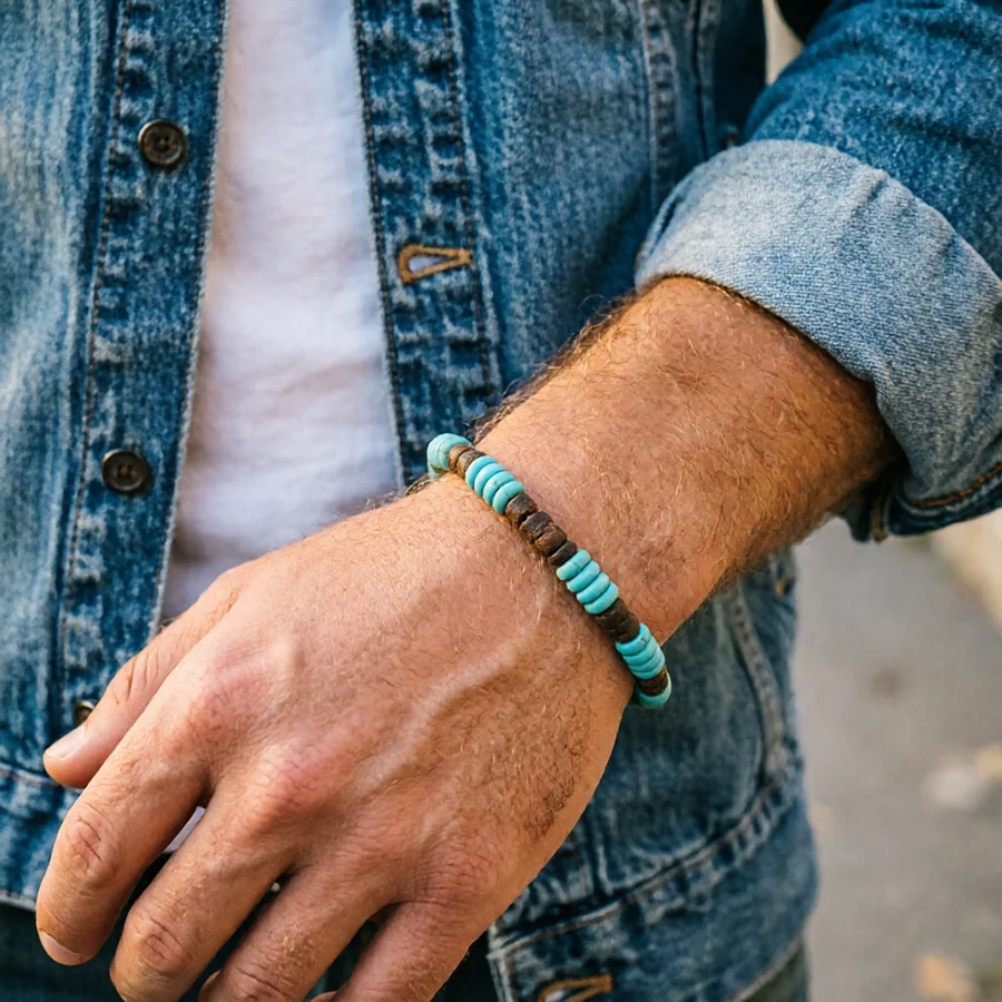 

Винтажные браслеты из бирюзовых бусин для мужчин, богемные деревянные браслеты с подвесками, украшения