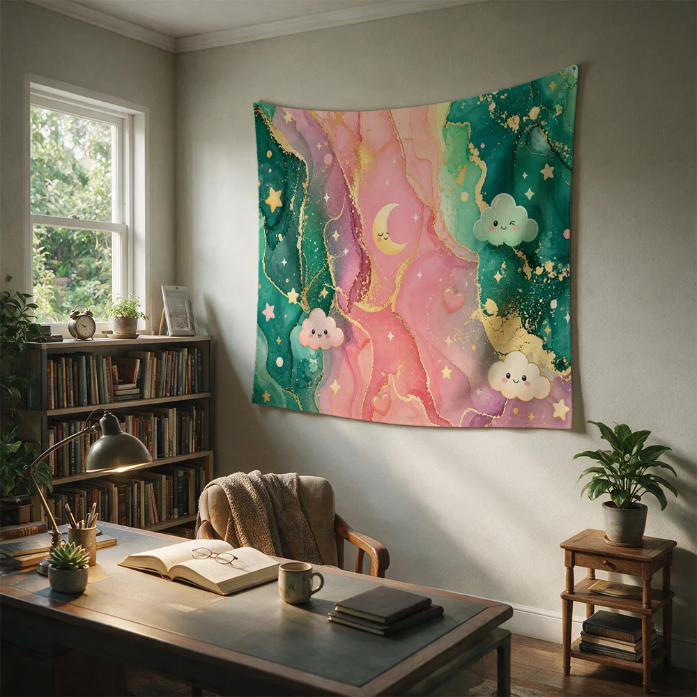 Boho Dreamy Galaxy Cloud Stars Tapestry Wall Hanging Nursery Room Decor Aesthetic Pink Teal Art
