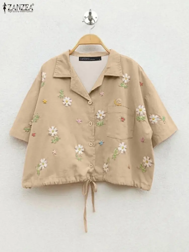 2025 zanzea boêmio verão floral impressão camisas blusas femininas manga curta casual túnica topos solto bandagem lapela moda blusas