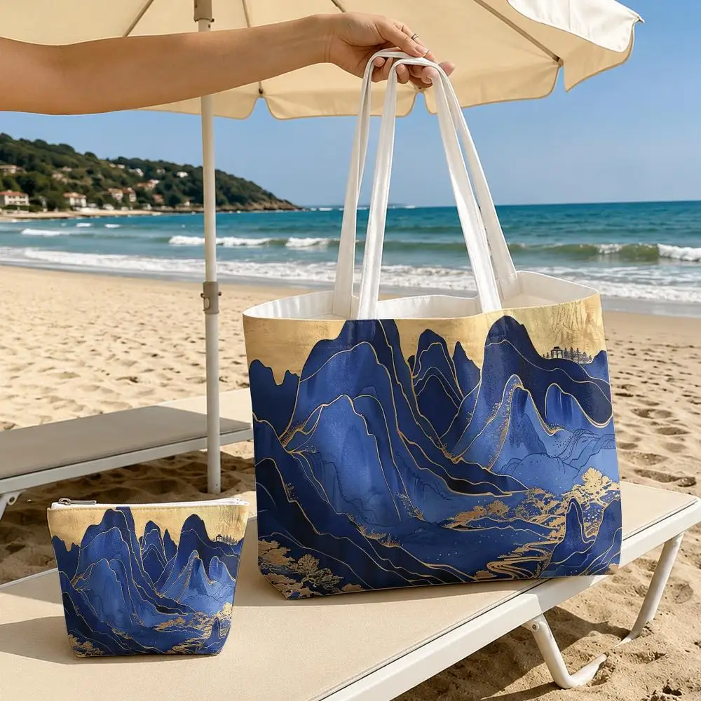 Purple Mountain Storage Bags 2-Piece Set Double-Sided Printed Canvas Tote Bags with Zipper Shopping Shoulder Handbags
