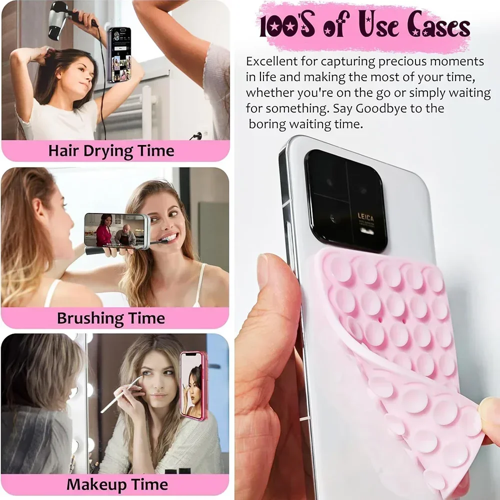 Suction Cup Phone Case Mount Double-Sided Silicon Sticky Phone Stand for iPhone 16 Android Selfies Hands-Free Strong Grip Holder