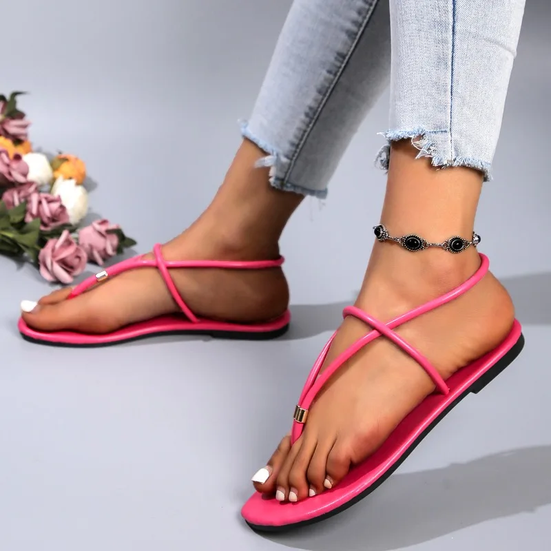 2024 Summer Fashion New Women's Round Toe Thin Strap Cross Combination Flat Slippers