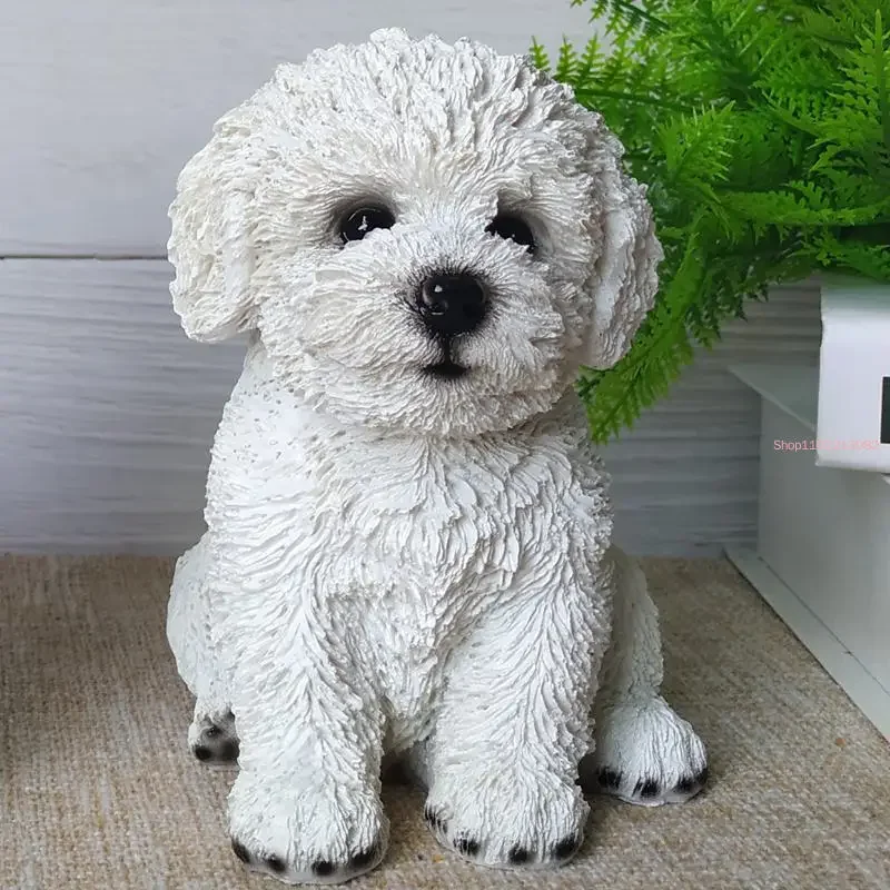 Adorable sculpture de simulation de Bichon Frisé, modèle de chiot, décoration artisanale en résine pour la maison, la chambre et l'entrée