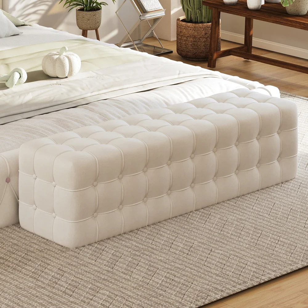 All Covered Velvet Upholstered Ottoman, Rectangular Footstool Bedroom Footstool No Assembly Required Elegant and Luxurious White