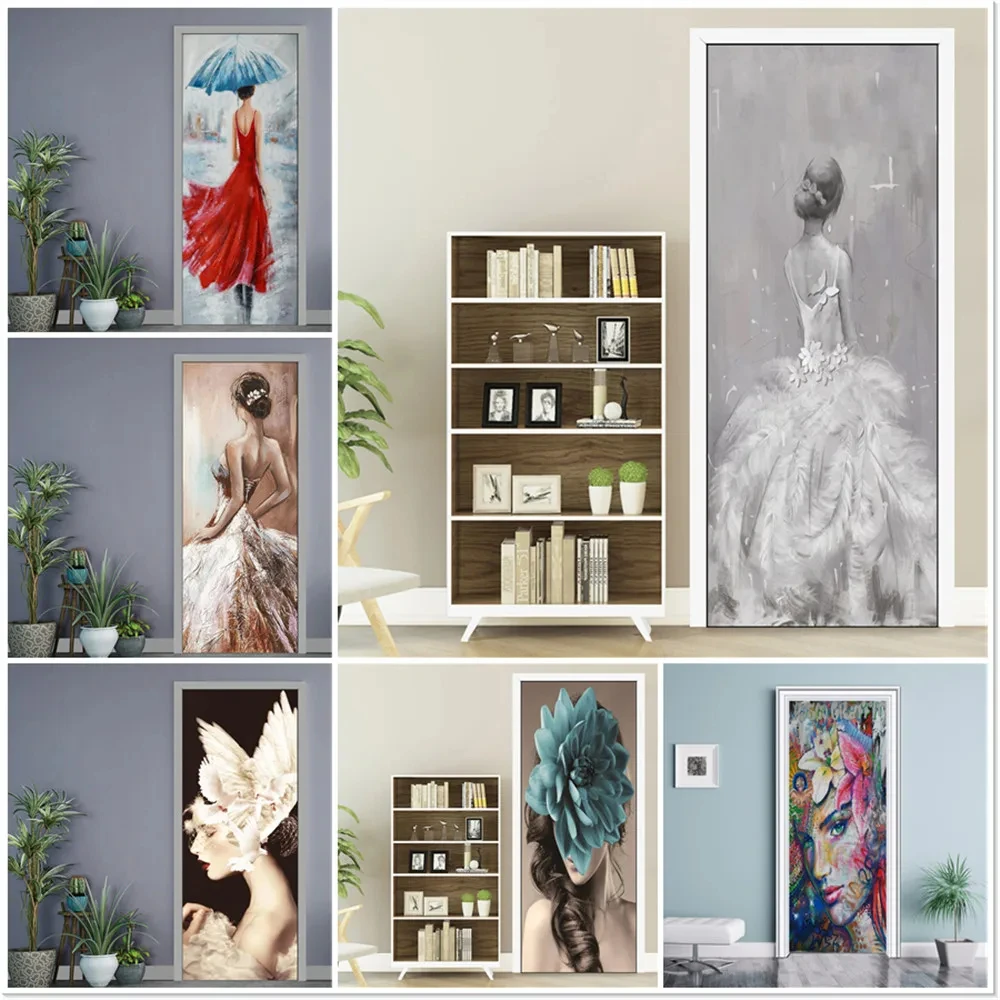 Wearing Wedding Dress Bride Door Stickers Oil Paint Art PVC Waterproof Mural Decal Home Bedroom Living Room Decor Self-adhesive