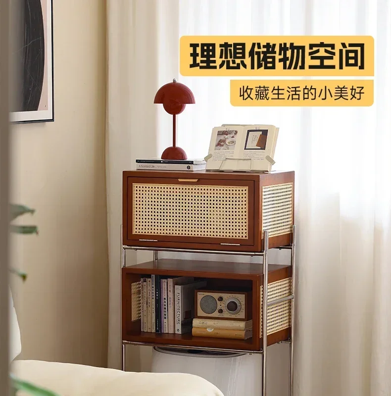 A Japanese-Style Retro Rattan Solid Wood Sweeping Robot Cabinet Modern Minimalist Living Room Storage Locker