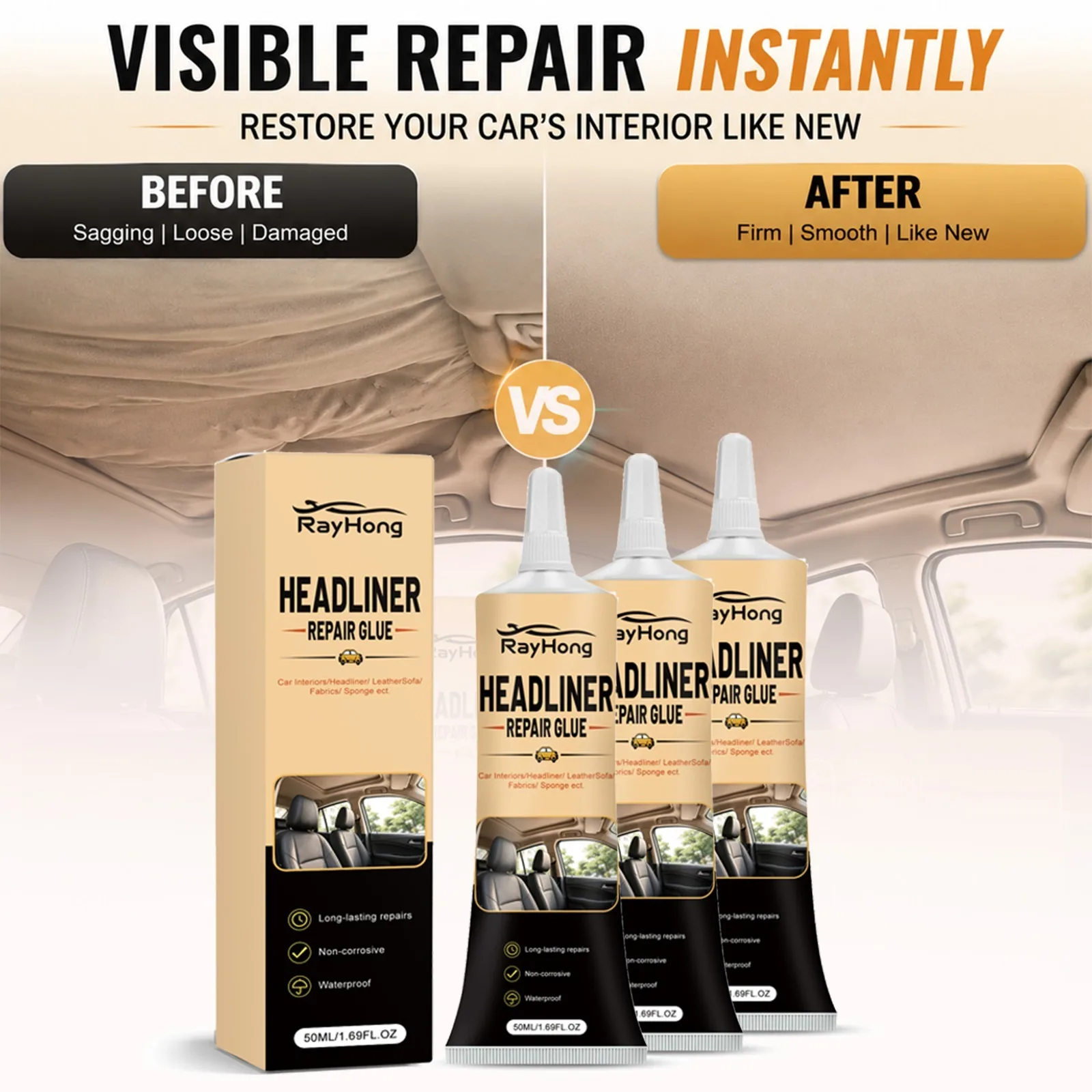 Headliner Repair Glue Car Roof Lining Adhesive Flexible Waterproof Bond for Leather Fabric Foam Non Corrosive Heat Resistant