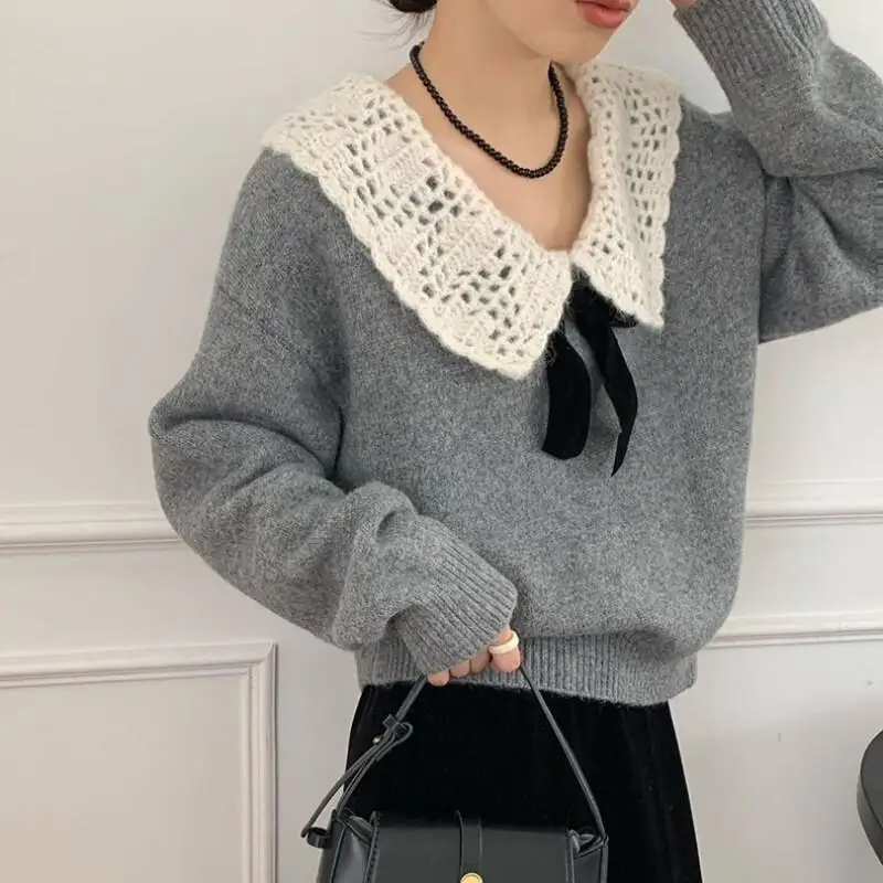 

Women's Sweater Fashion Casual Soft Loose Lazy Style Bow Collar Pullover Top for Women Casual Wear Cotton Knit Sweater