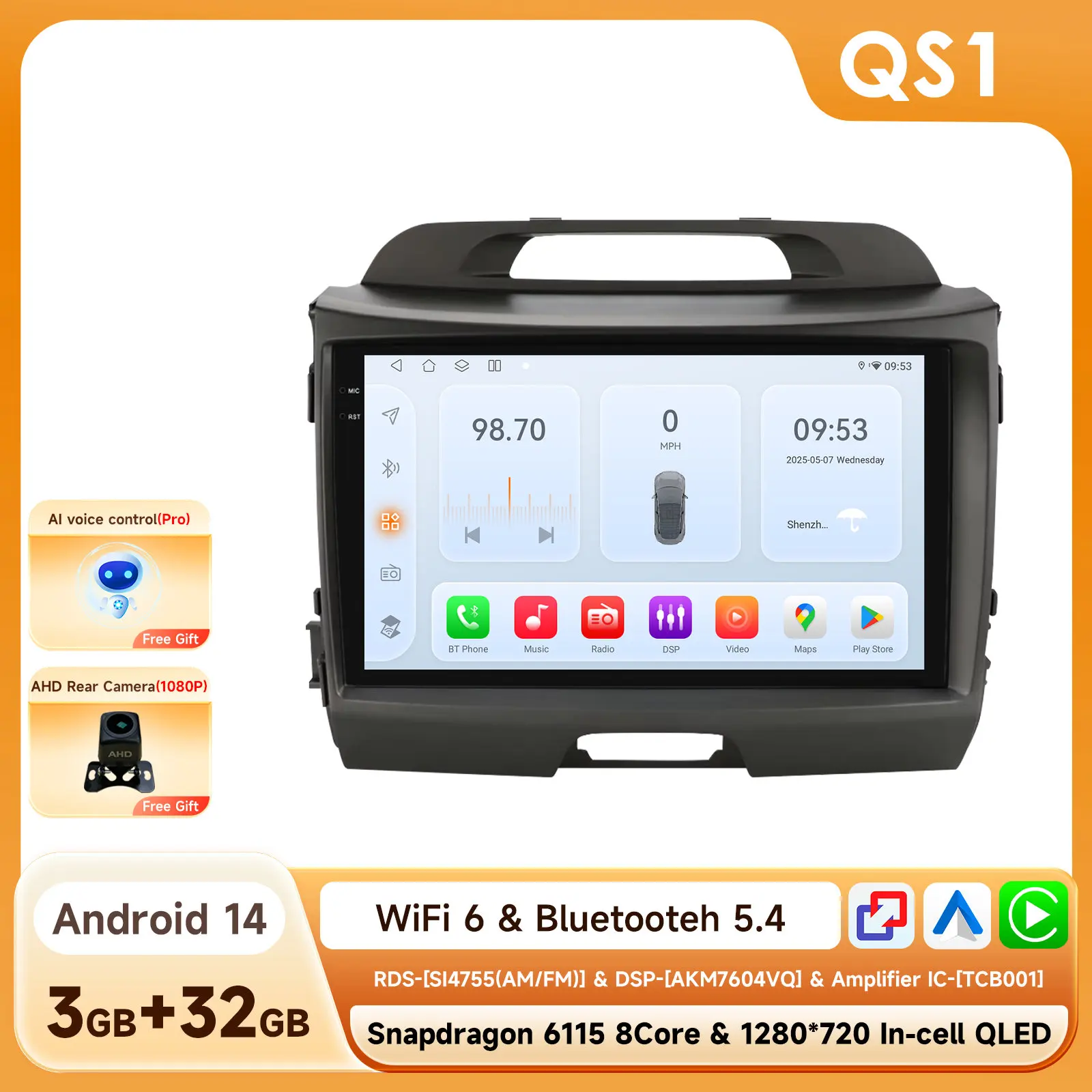 2din Carplay Android 14 Autoradio Voor KIA Sportage 3 2011 2012 2013 2014-2016 Multimedia speler door Snapdragon 6115 GPS Stereo