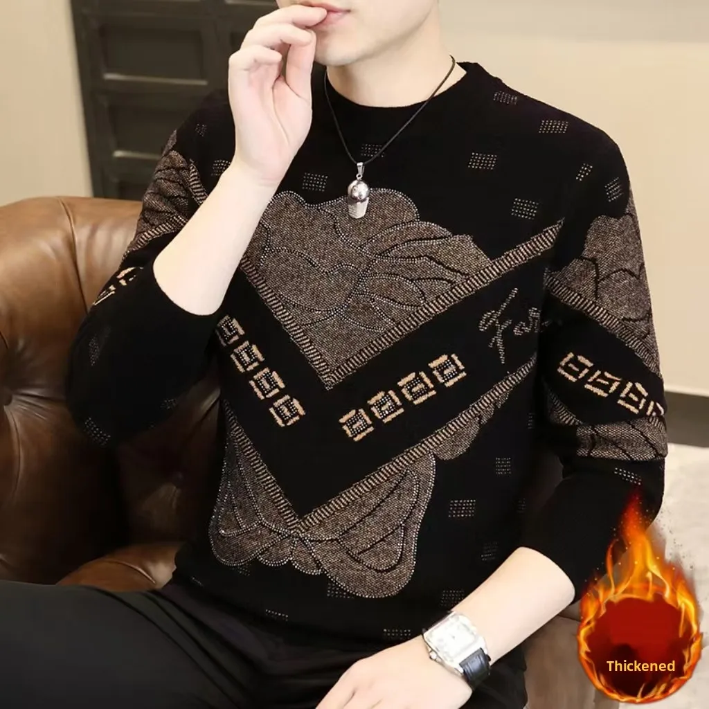 

Мужской утепленный вязаный свитер с вышивкой и термостразами из шерсти, осенне-зимняя новинка, повседневный стиль, круглый вырез, модный дизайн