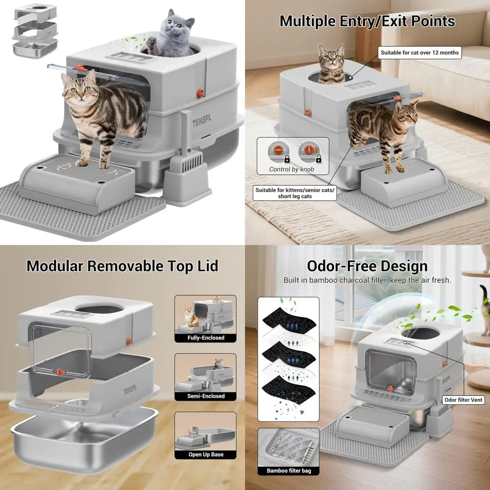 

Grey Enclosed Metal Cat Litter Box with Lid and Scoop, Extra Large for Large Cats, Top Entry, Anti-Leakage, Easy Clean