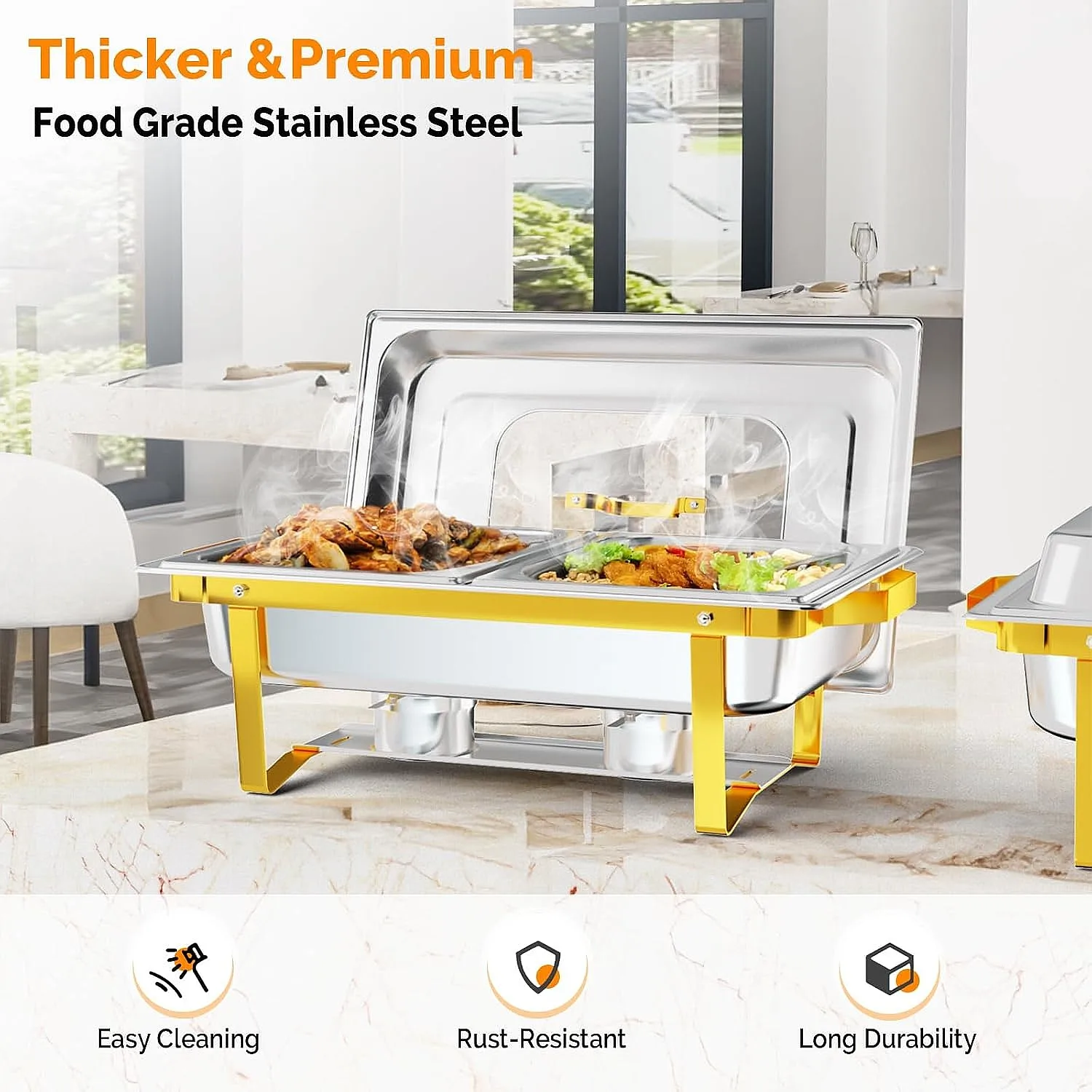 Bonnlo 9QT Gold Chafing Dish Buffet 2-Pack Stainless Steel Glass Lid Stackable