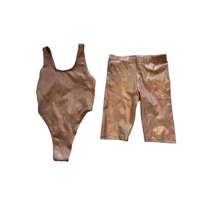 Glossy Gold 2 Pieces Set Sexy Bodysuit Top Fitness Sport Romper Shorts Plus Size Women Leggings