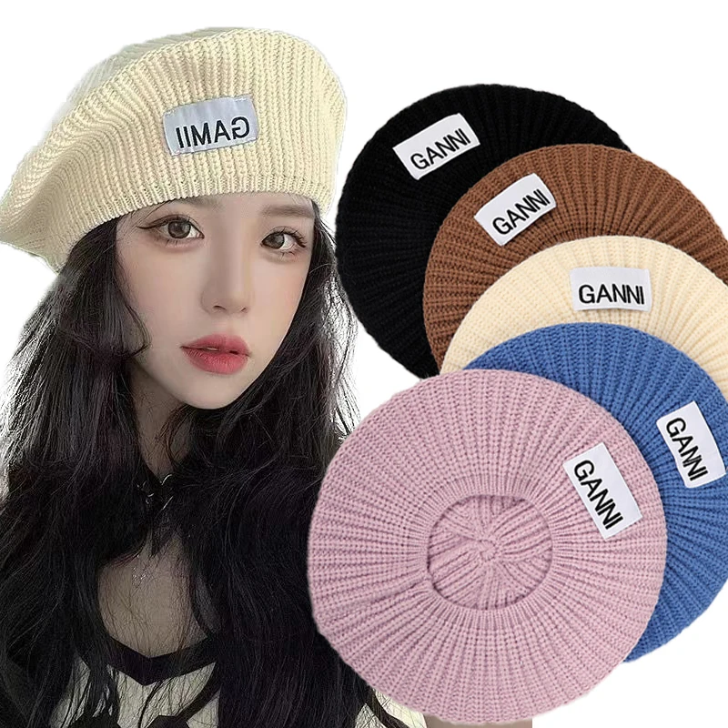 Wool Warm Knitted Hat Autumn Winter Knitted Berets Women Naval Cap British Beanie Girl Fashion Street Artist Beret Solid Color