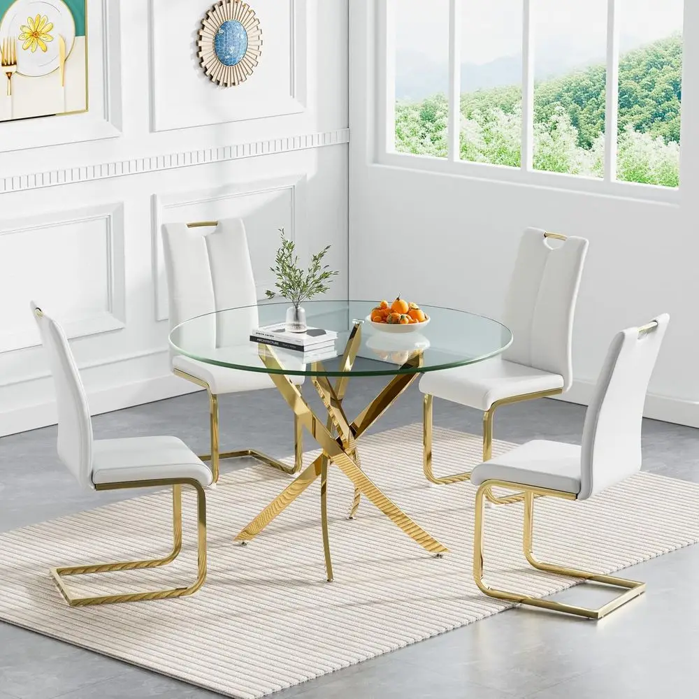 

Round Dining Table Set or 4, 36 Inch Glass Dining Table with 4 PU Leather Chairs, ern Glass Kitchen Table with Dining Chairs, 5